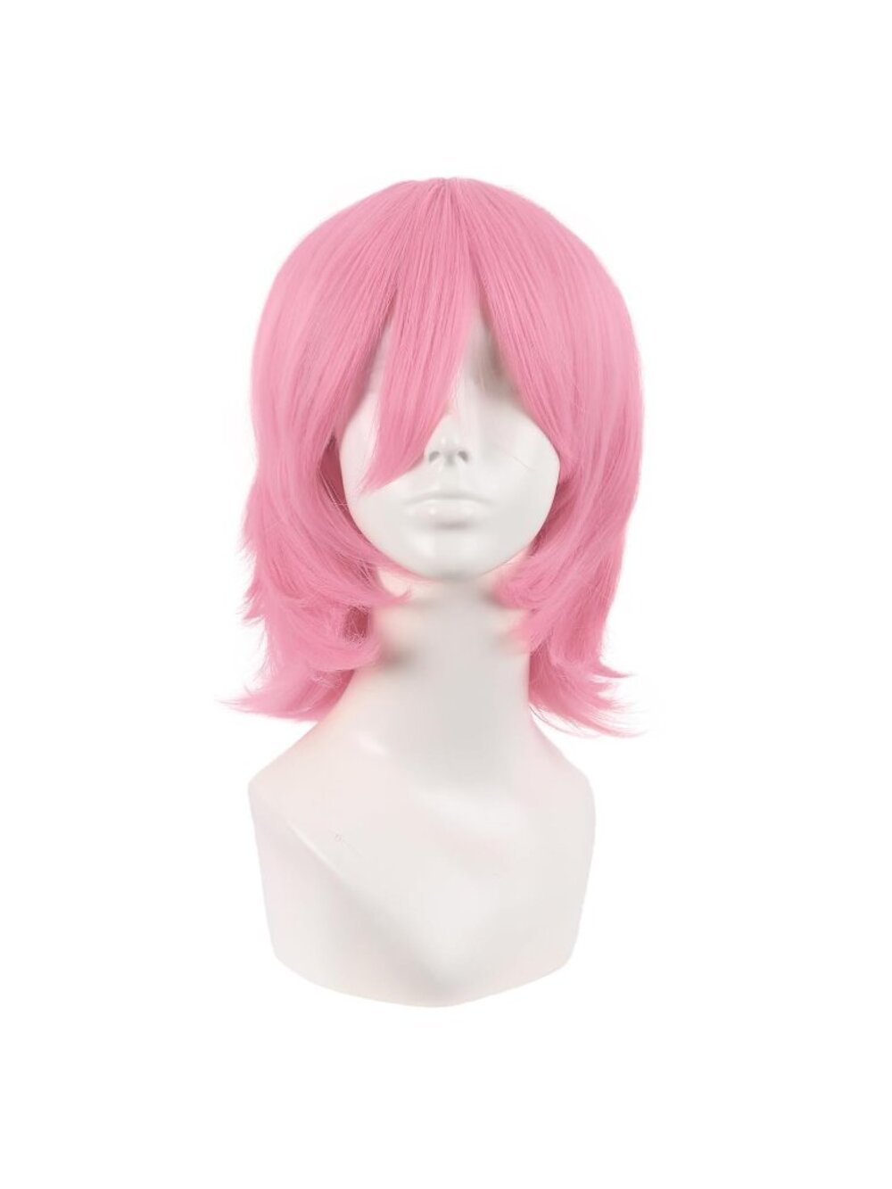 Women's Light Pink 14 Inch Short Wolf Tail Side Synthetic Curly Wig Bangs